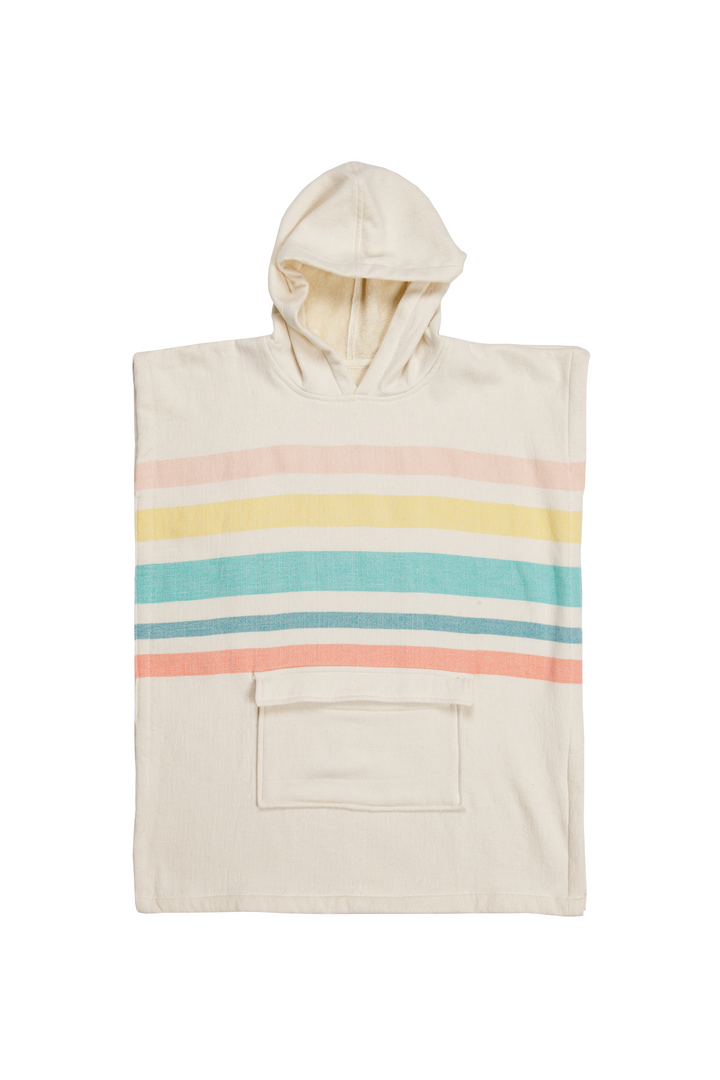 Beige cotton terry hooded towel with colorful stripes on a white background