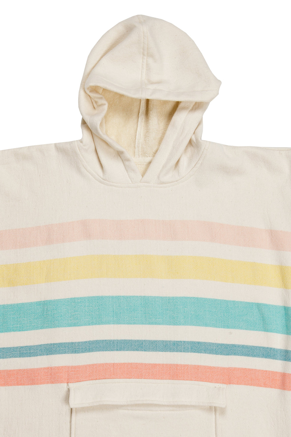 Beige hooded towel with colorful stripes on a white background