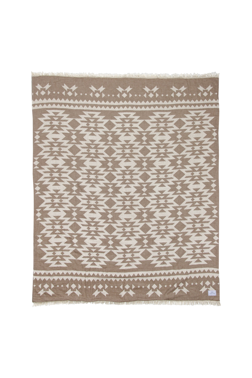 Brown and white patterned blanket with eyelash firnge on a white background #colour_walnut