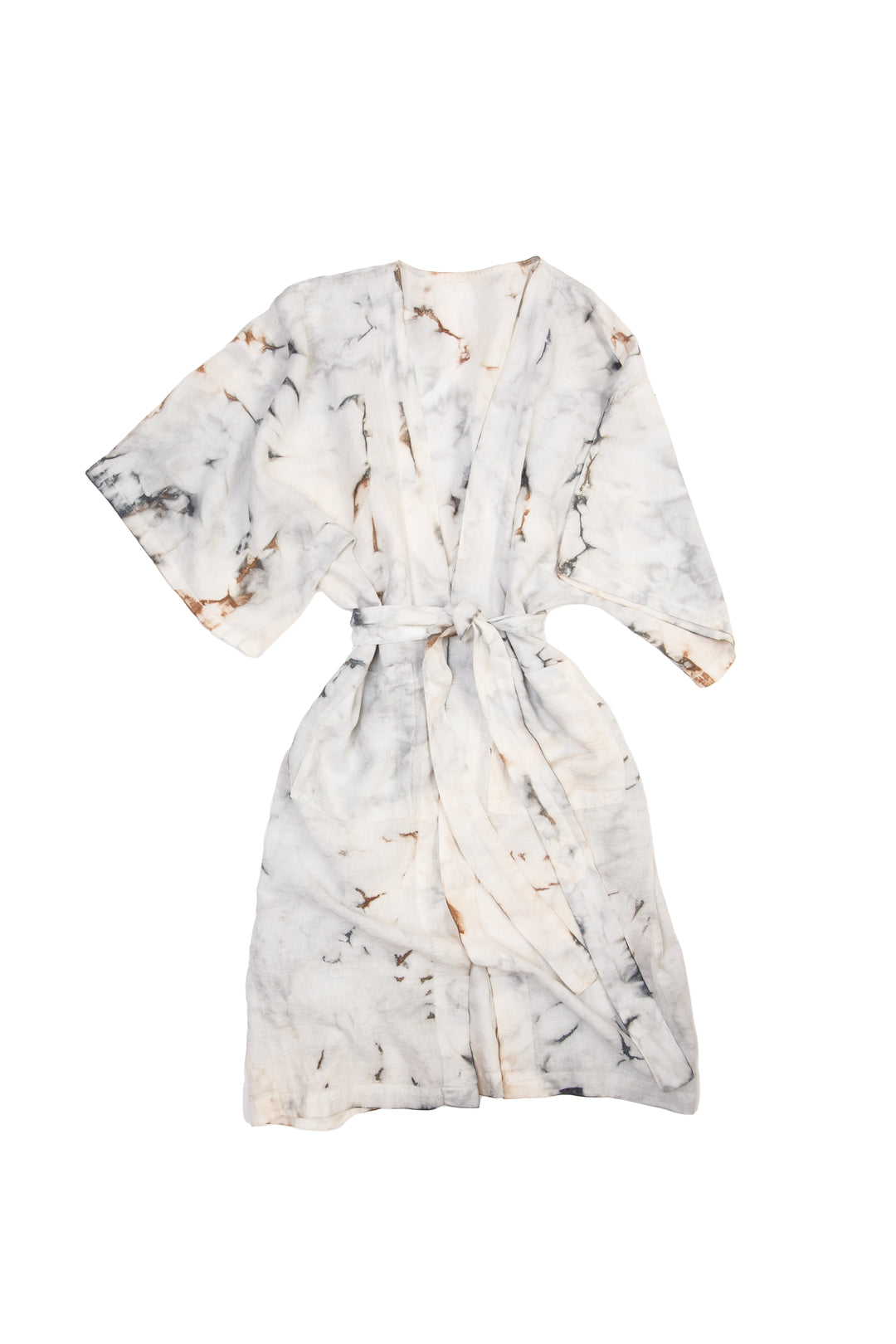 A marble tie-dyed linen belted cover-up robe, tied, laid flat against a white background.