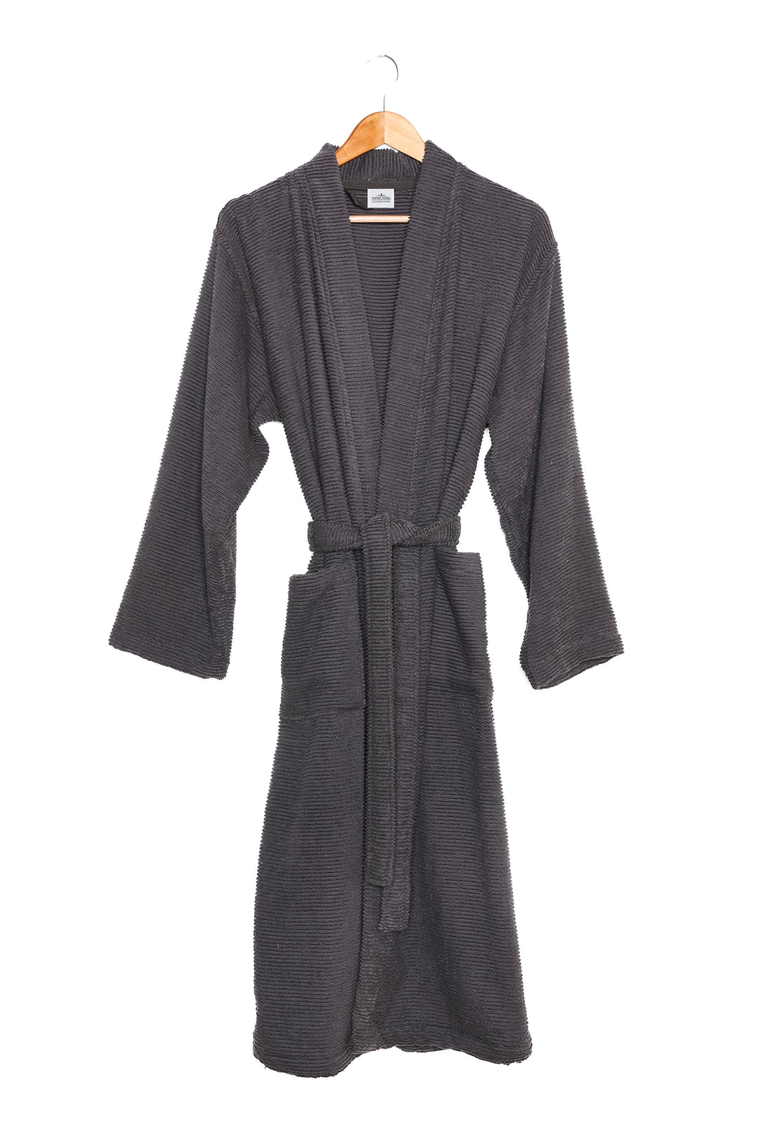 mid length dark grey cotton terry relaxed fit spa robe on a hanger against a white background #colour_charcoal