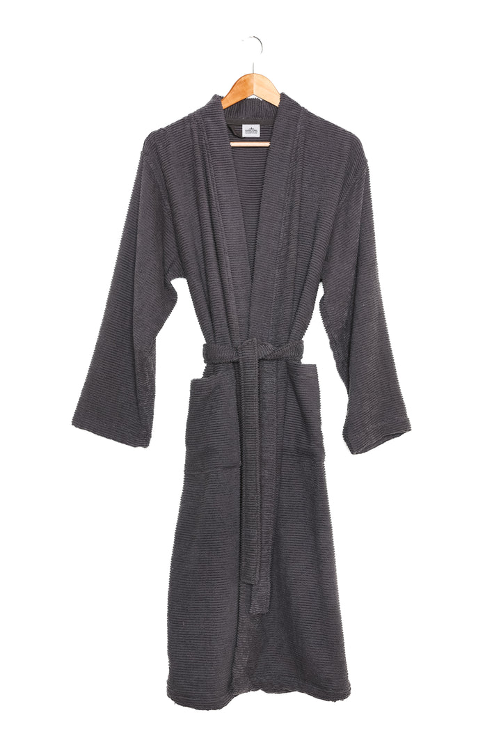 mid length dark grey cotton terry relaxed fit spa robe on a hanger against a white background #colour_charcoal