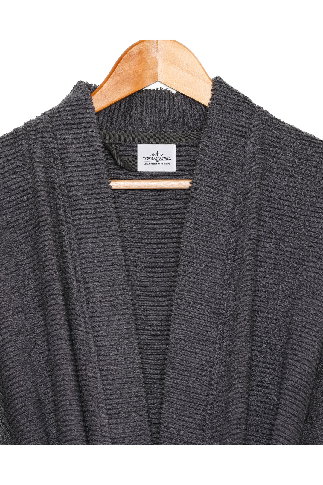 dark grey cotton terry spa robe on a hanger against a white background #colour_charcoal