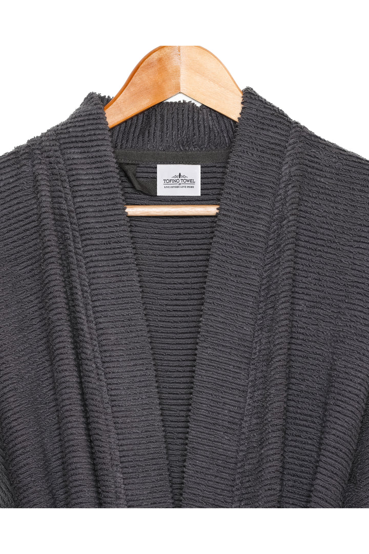 dark grey cotton terry spa robe on a hanger against a white background #colour_charcoal