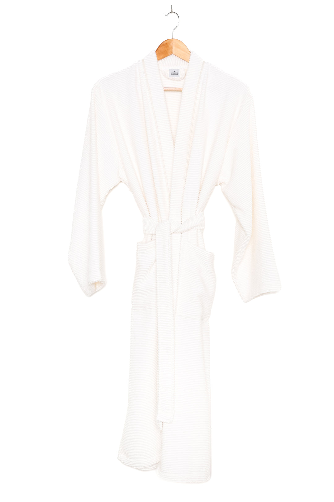 mid length white relaxed fit cotton terry spa robe on a hanger against a white background  #colour_off-white
