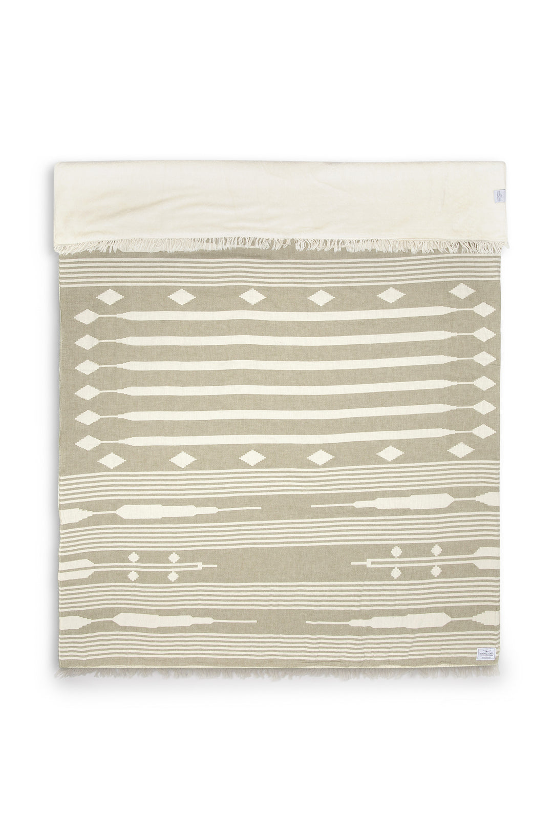 khaki and cream traditional geometric, fleece lined throw with eyelash fringe, laid flat with one side folded over on a white background #colour_khaki