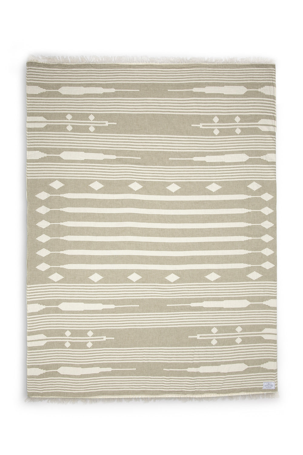 khaki and cream traditional geometric, fleece lined throw with eyelash fringe, laid flat on a white background #colour_khaki