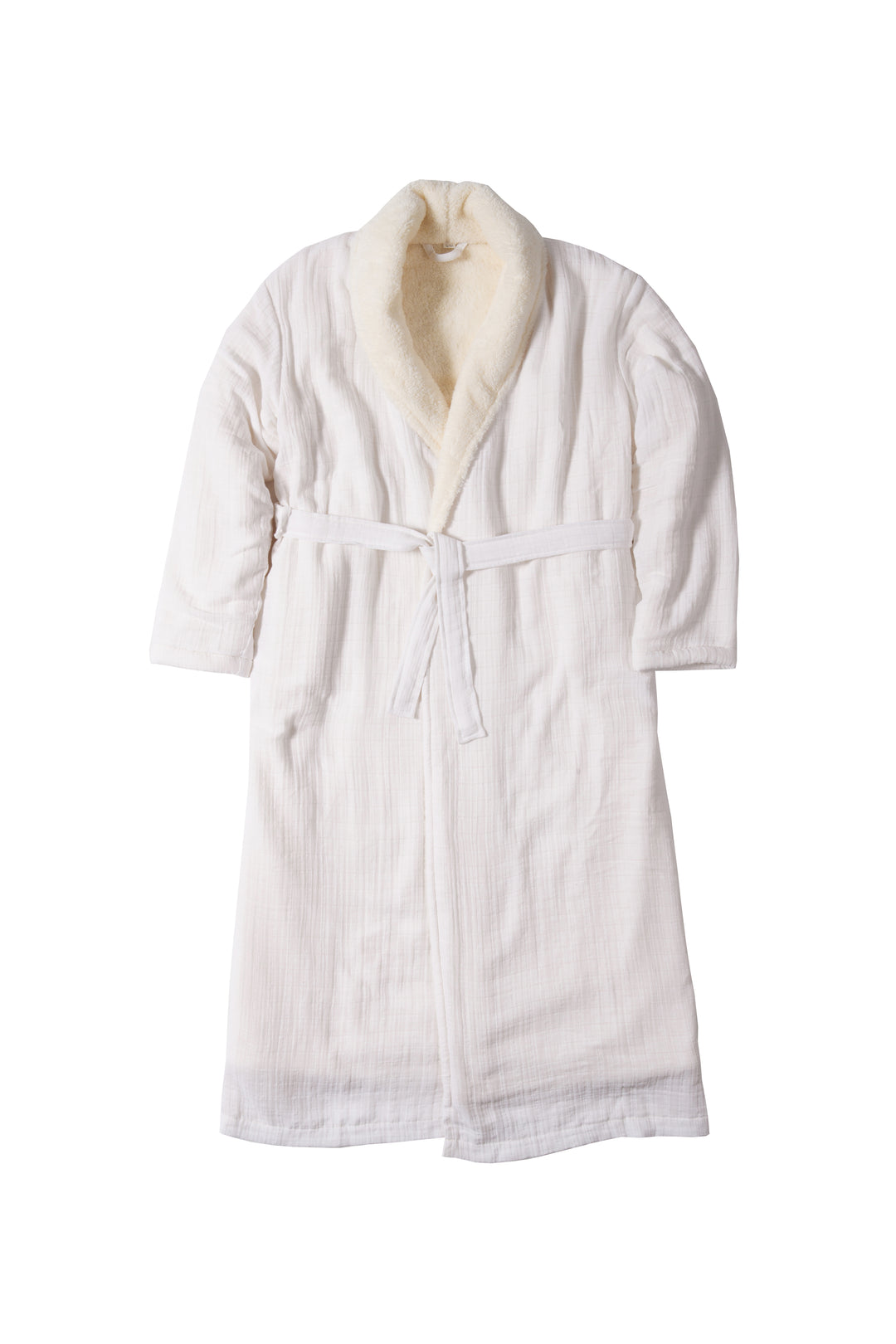 a long white belted fleece lined muslin robe with pockets laid flat on a white background. #colour_white
