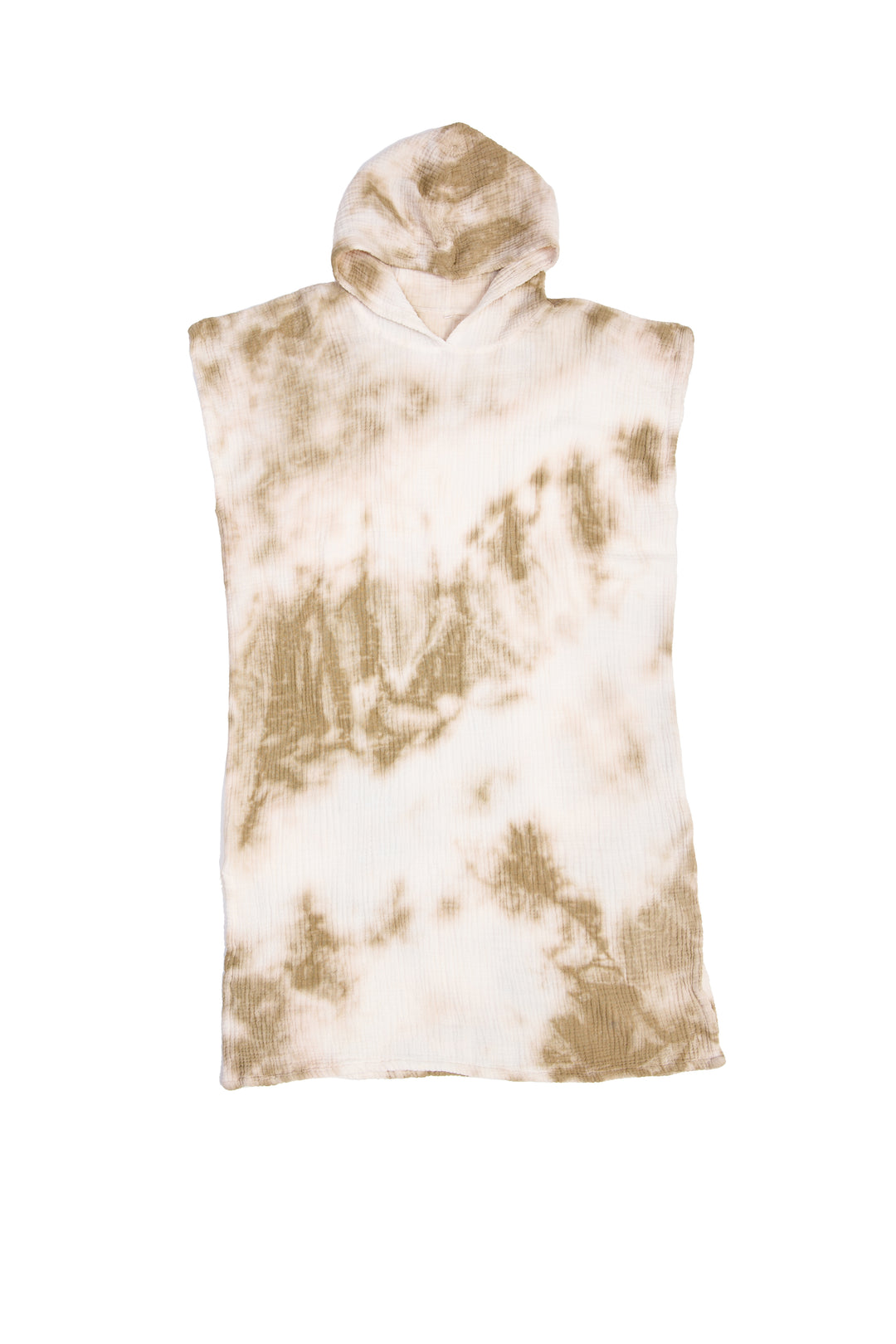 A white and beige khaki hooded, tie-dye muslin surf poncho with side slits  #colour_khaki-tie-dye