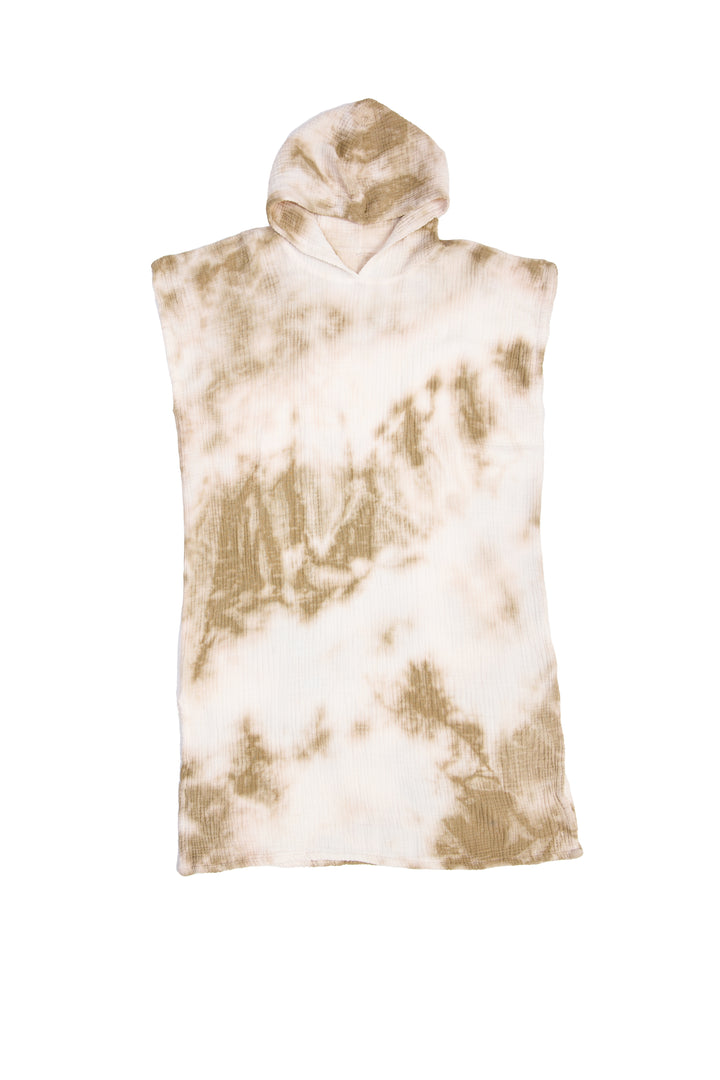 A white and beige khaki hooded, tie-dye muslin surf poncho with side slits  #colour_khaki-tie-dye