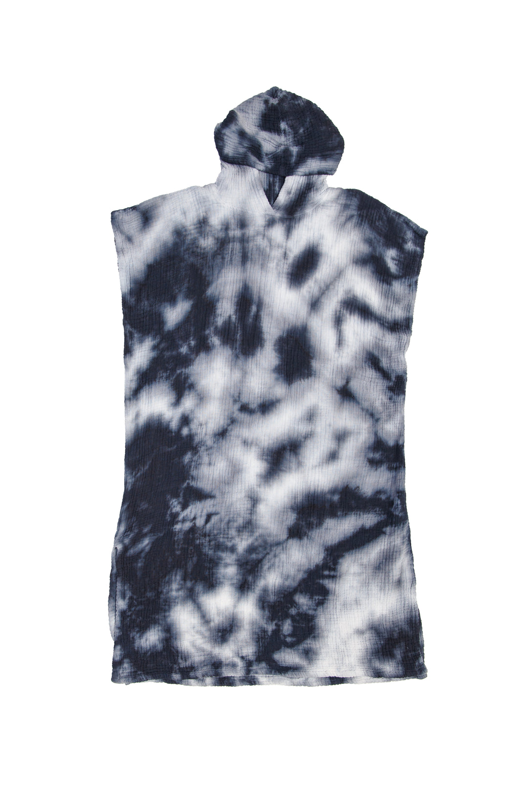 A white and beige khaki hooded, tie-dye muslin surf poncho with side slits  #colour_ocean-tie-dye