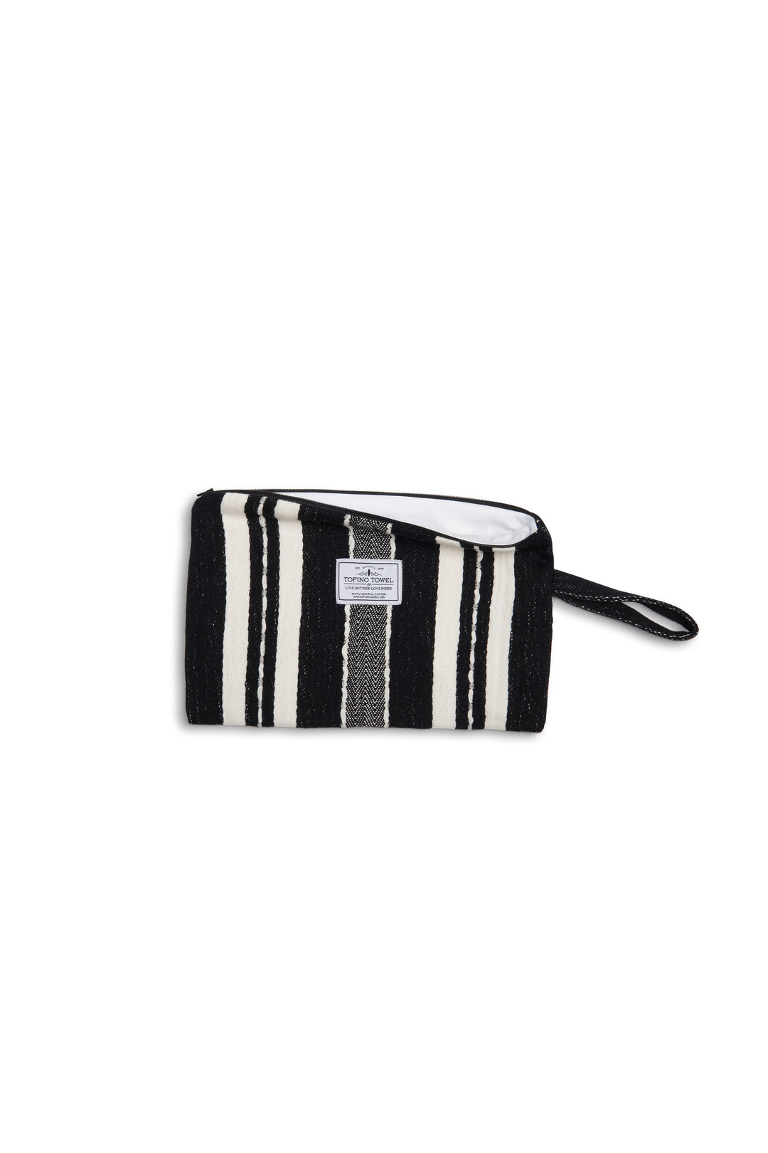 Black zip up pouch with white stripes and a wrist handle  on a white background