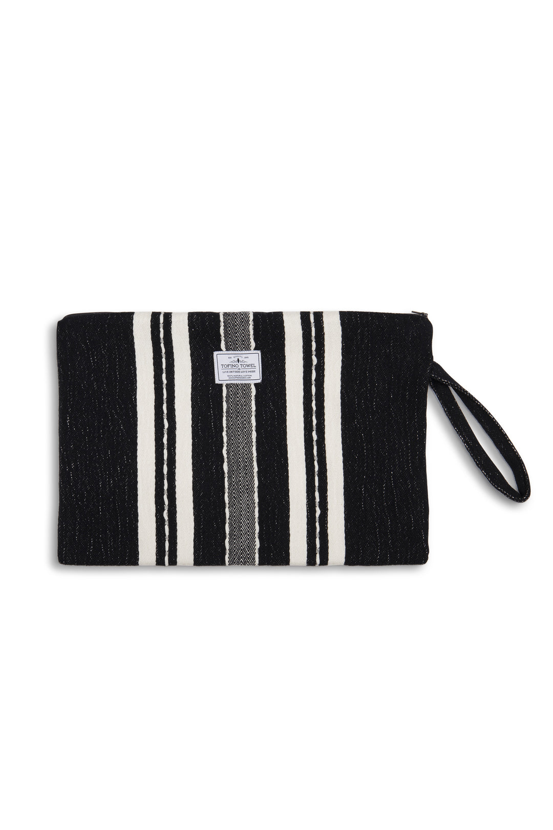 Large black zip up pouch with white stripes and a wrist handle on a white background
