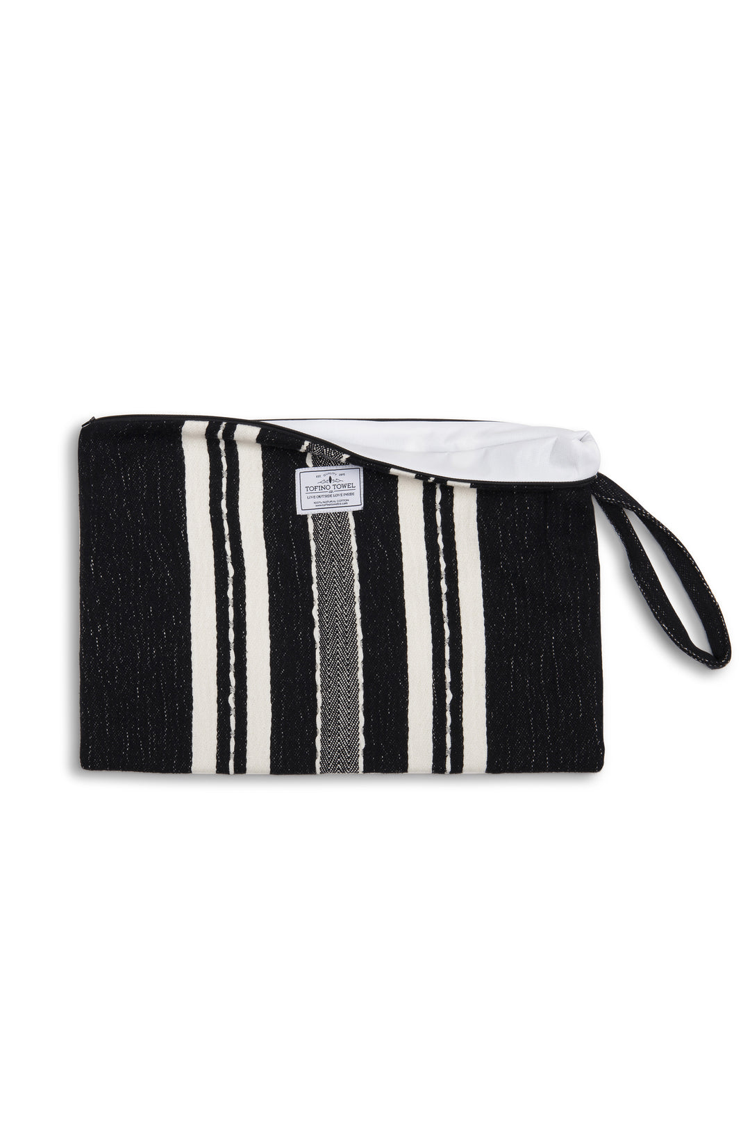 Large black zip up pouch with white stripes and a wrist handle on a white background