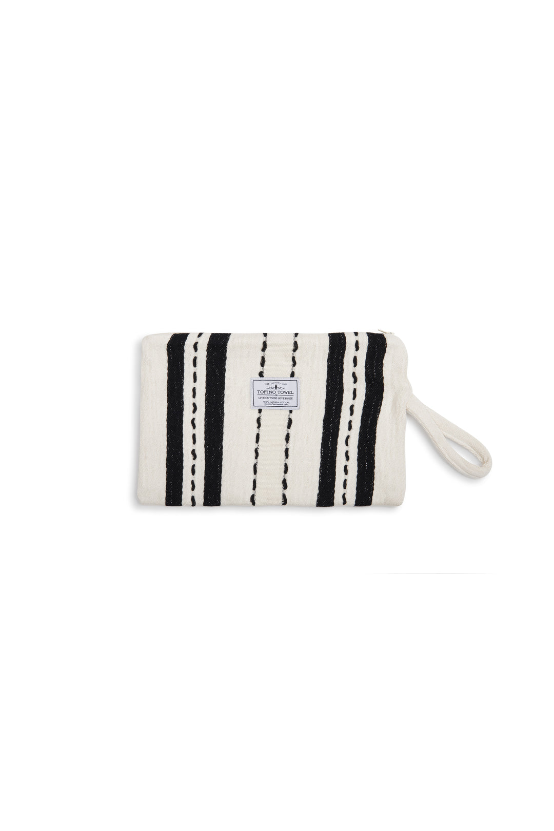 White zip up pouch with black stripes and a wrist handle  on a white background