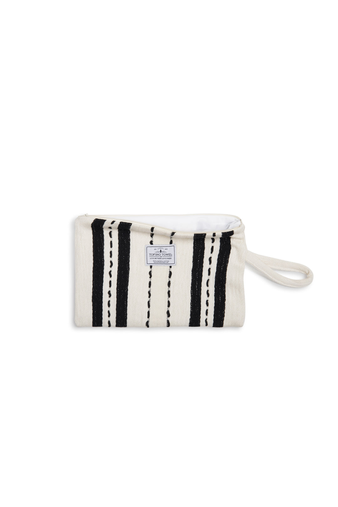 White zip up pouch with black stripes and a wrist handle  on a white background
