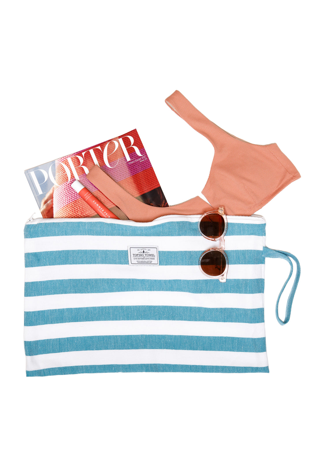 large white and teal blue striped zip up pouch with wrist handle containing accessories on a white background #colour_aqua-stripes
