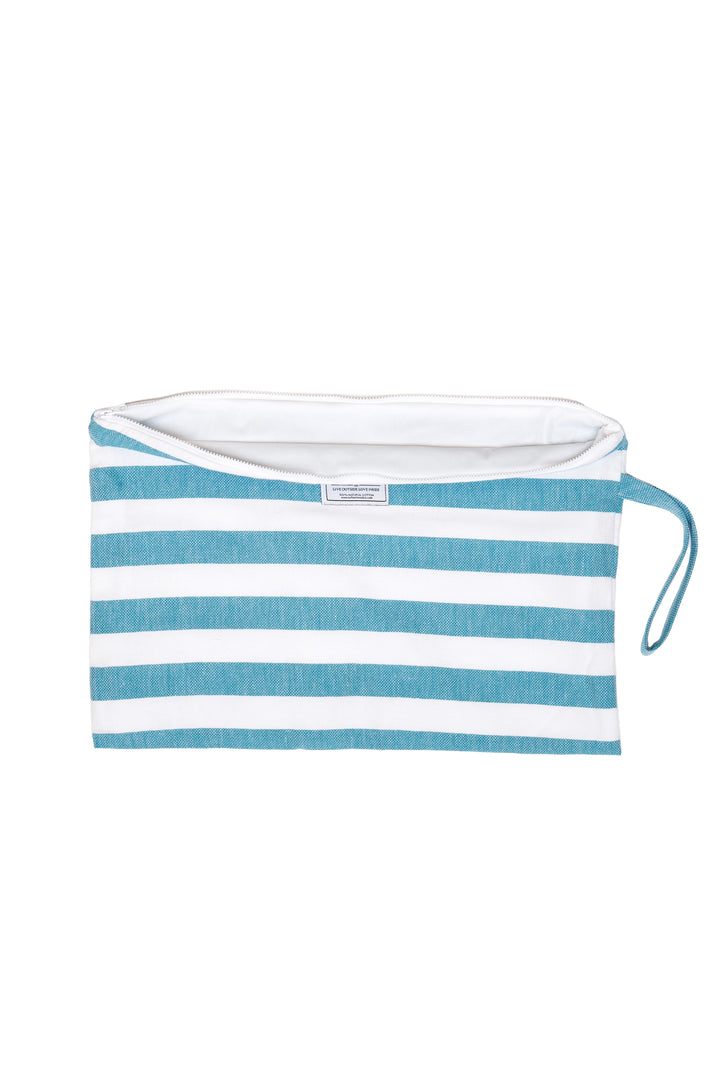 large white and teal blue striped zip up pouch with wrist handle on a white background #colour_aqua-stripes