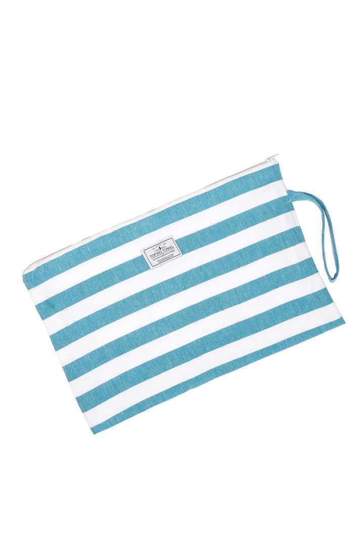 large white and teal blue striped zip up pouch with wrist handle on a white background #colour_aqua-stripes