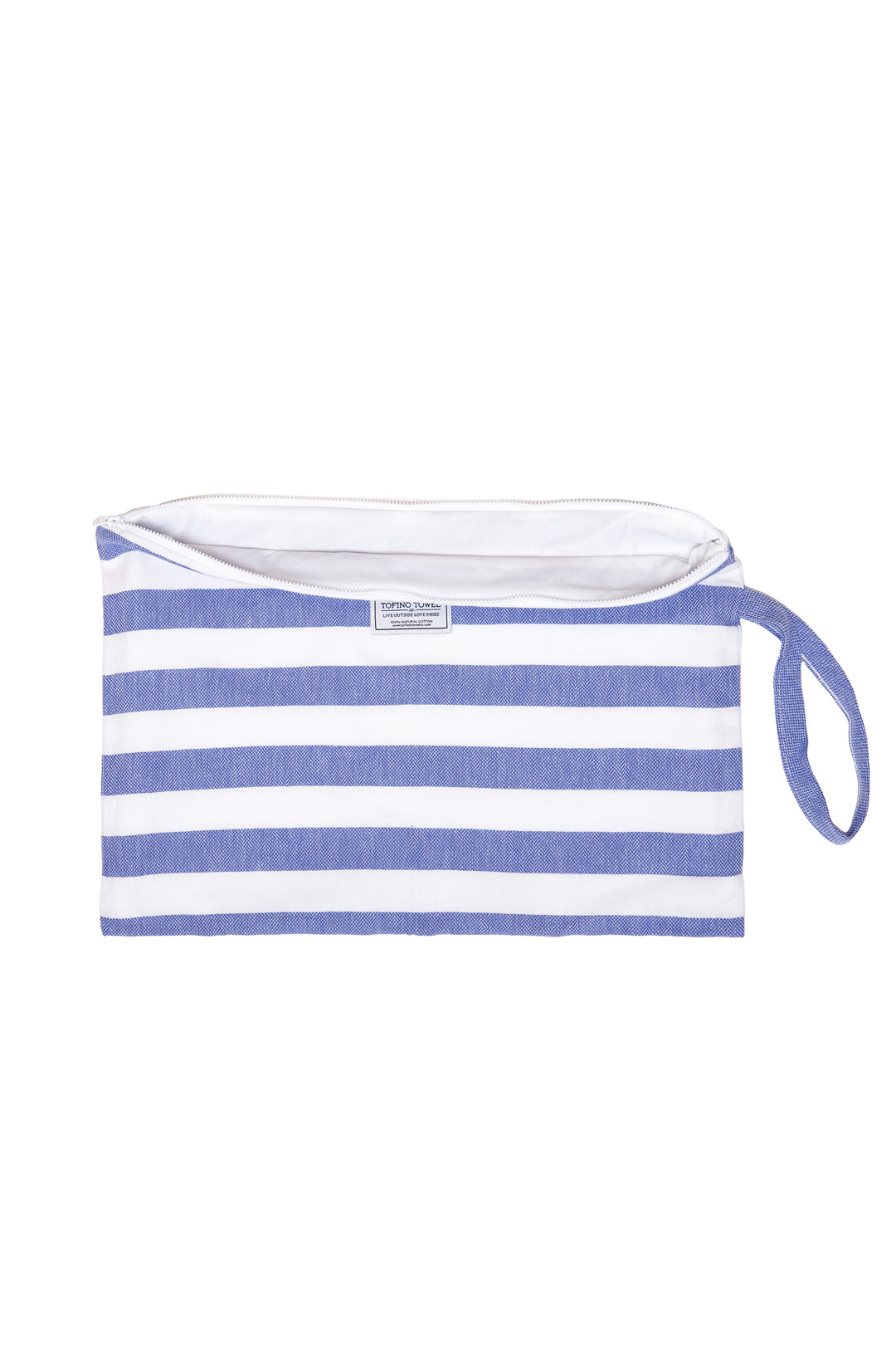 large white and blue striped zip up pouch with wrist handle on a white background #colour_blue-stripes