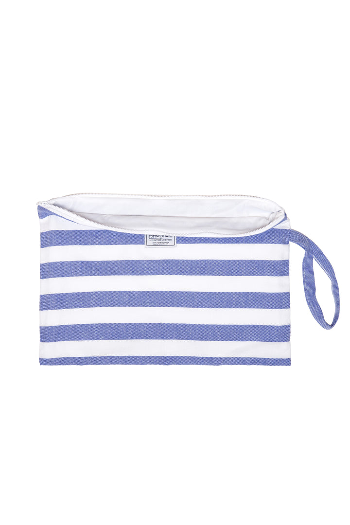 large white and blue striped zip up pouch with wrist handle on a white background #colour_blue-stripes