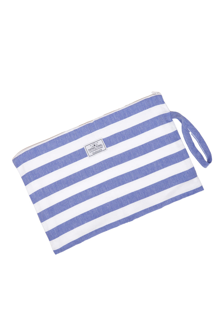 large white and blue striped zip up pouch with wrist handle on a white background #colour_blue-stripes