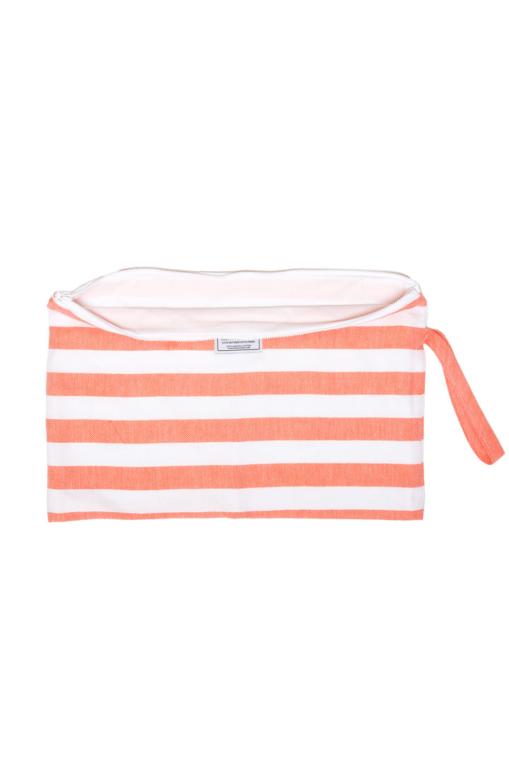large white and coral striped zip up pouch with wrist handle on a white background #colour_coral-stripes