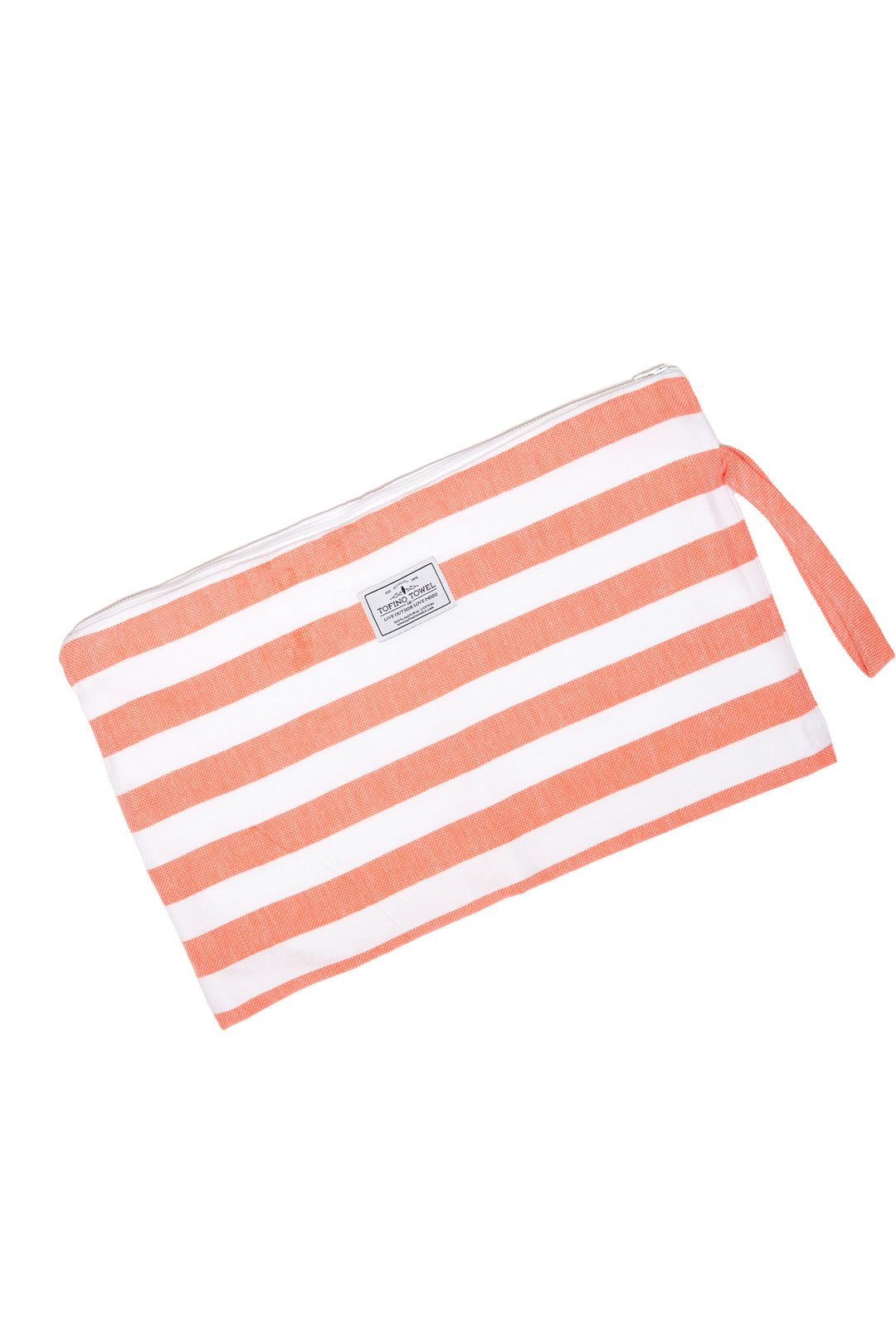 large white and coral striped zip up pouch with wrist handle on a white background #colour_coral-stripes
