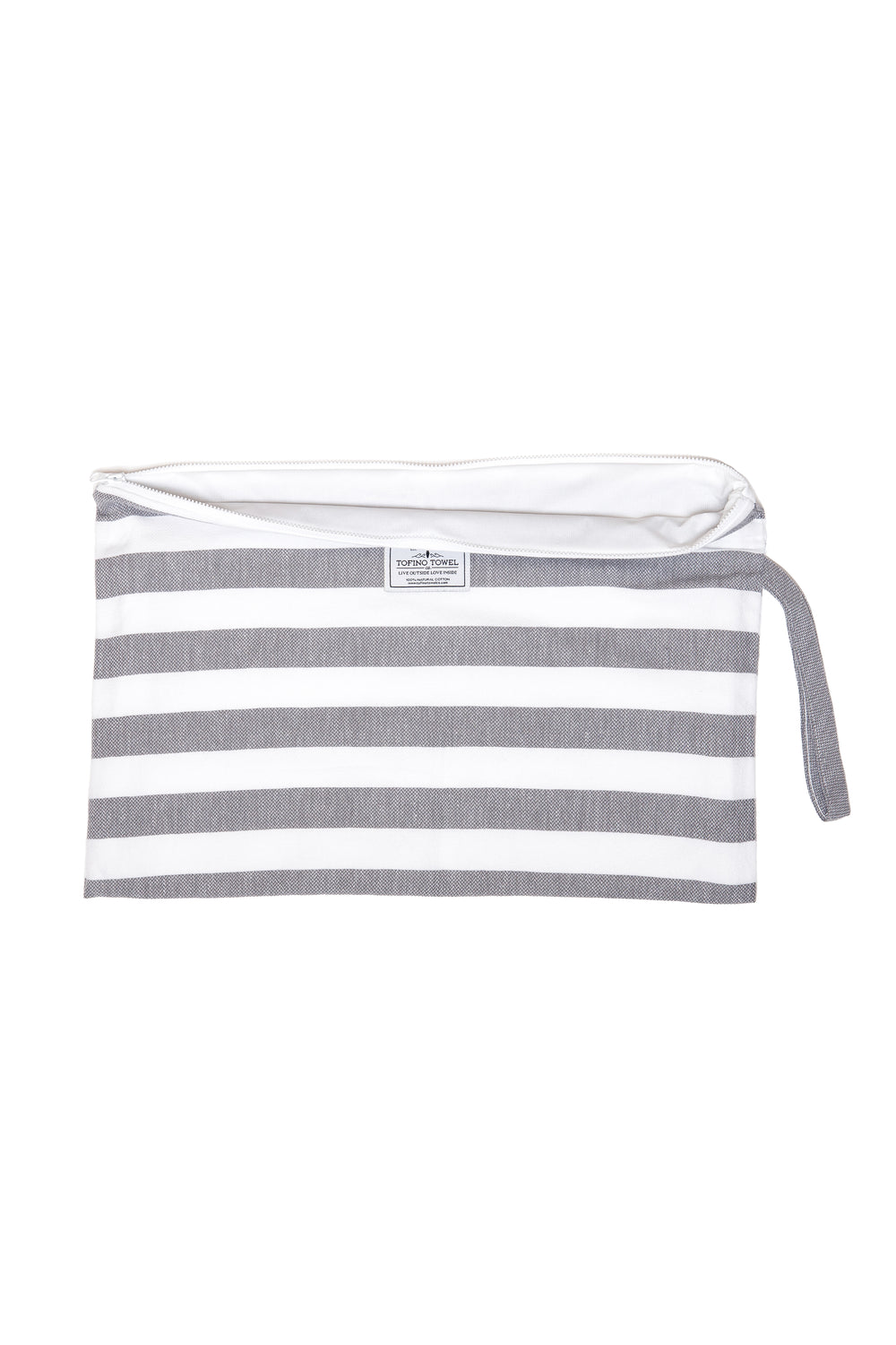 large white and grey striped zip up pouch with wrist handle on a white background #colour_grey-stripes