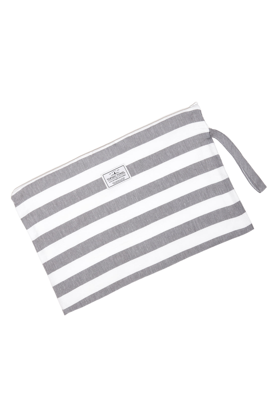 large white and grey striped zip up pouch with wrist handle on a white background #colour_grey-stripes