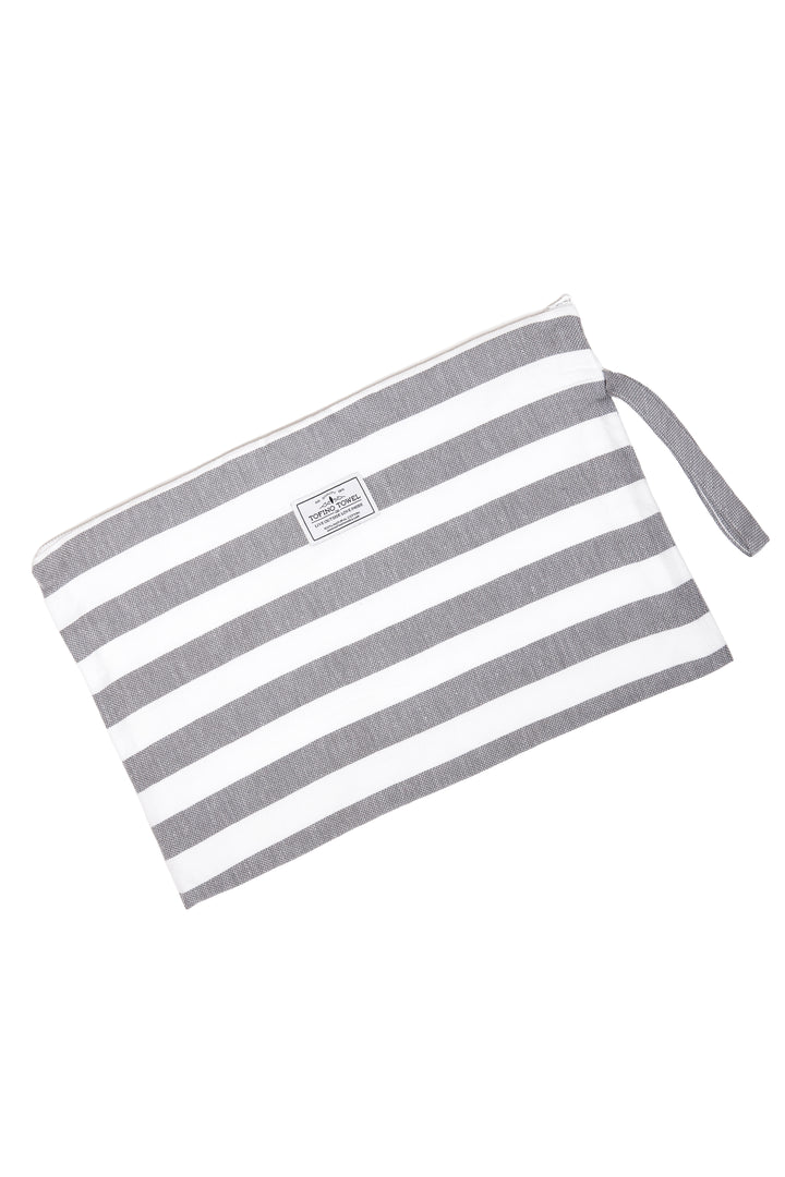 large white and grey striped zip up pouch with wrist handle on a white background #colour_grey-stripes