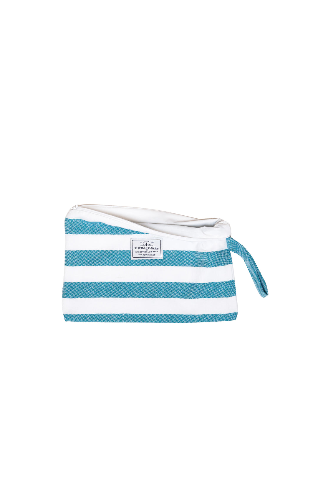 small white and teal blue striped zip up pouch with wrist handle on a white background #colour_aqua-stripes
