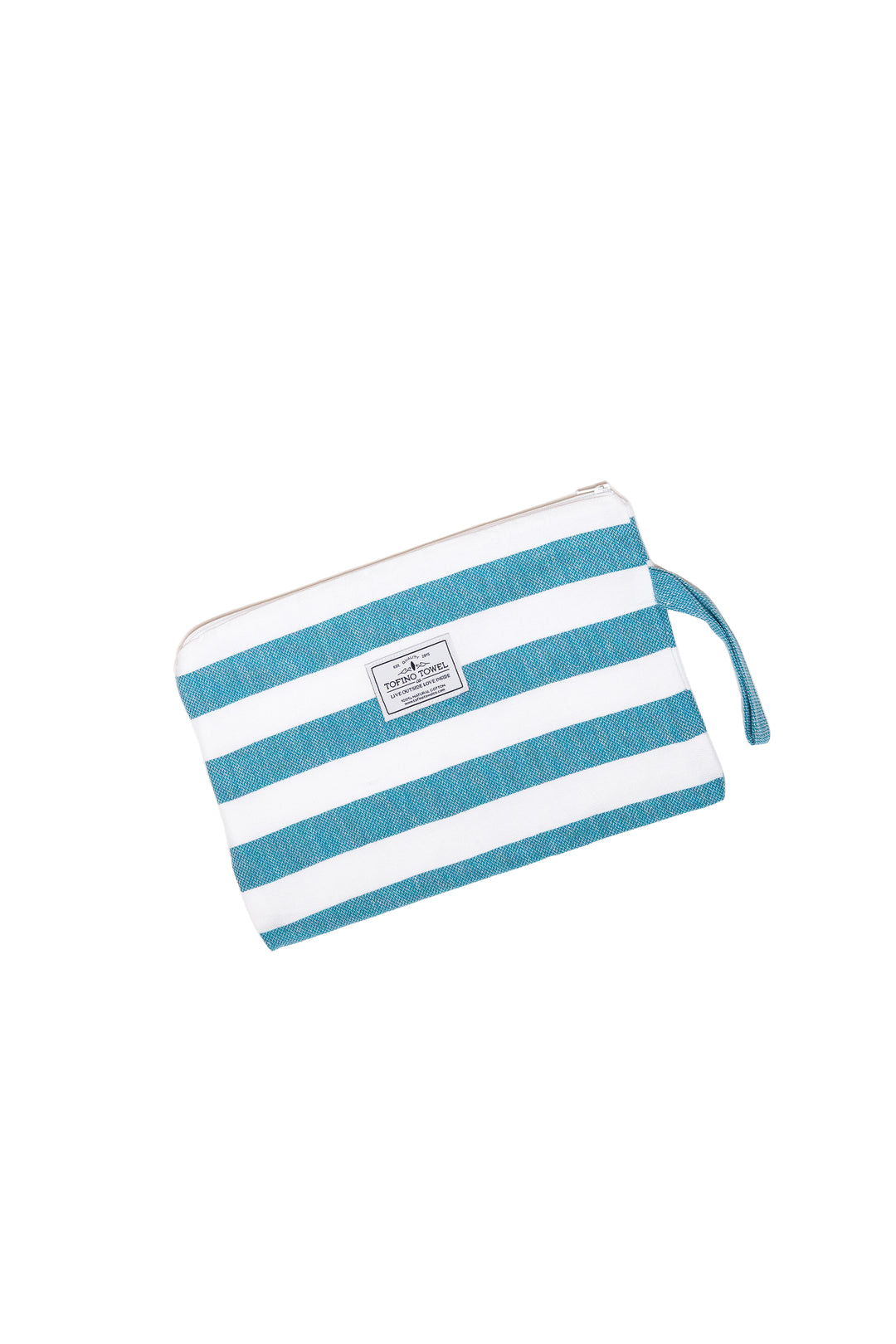 small white and teal blue striped zip up pouch with wrist handle on a white background #colour_aqua-stripes