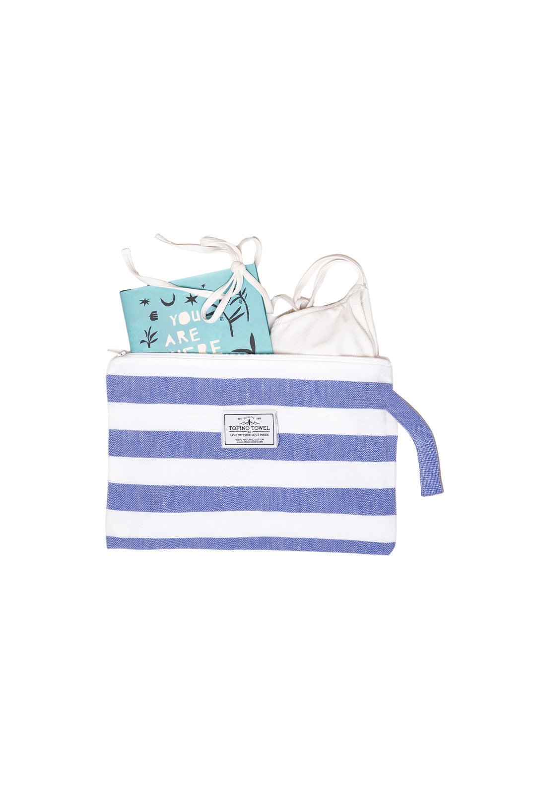 white and blue striped zip up pouch with wrist handle containing accessories on a white background #colour_blue-stripes