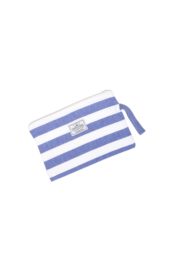 white and blue striped zip up pouch with wrist handle on a white background #colour_blue-stripes