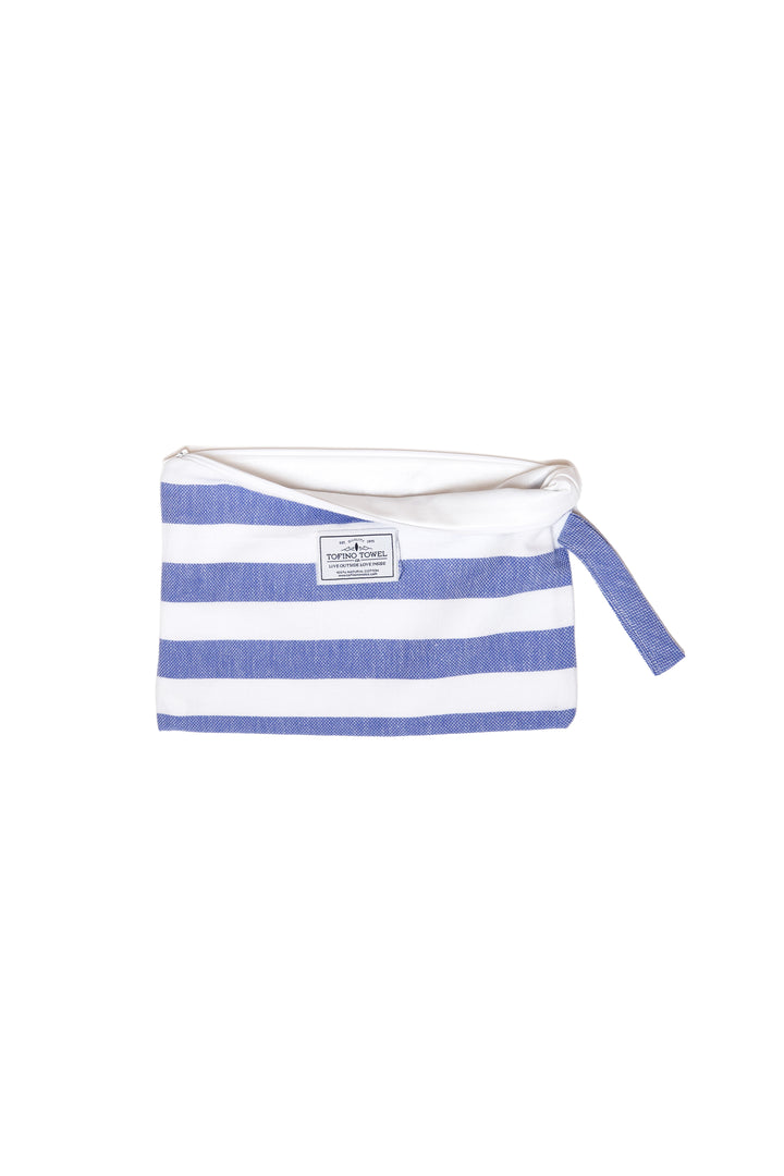 white and blue striped zip up pouch with wrist handle on a white background #colour_blue-stripes