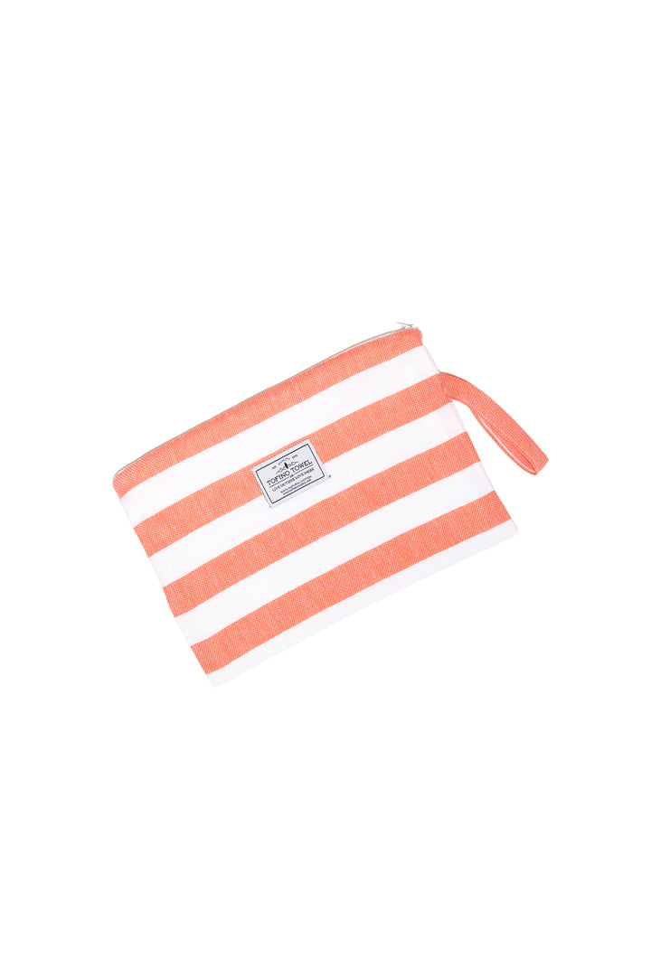 white and coral striped zip up pouch with wrist handle on a white background #colour_coral-stripes