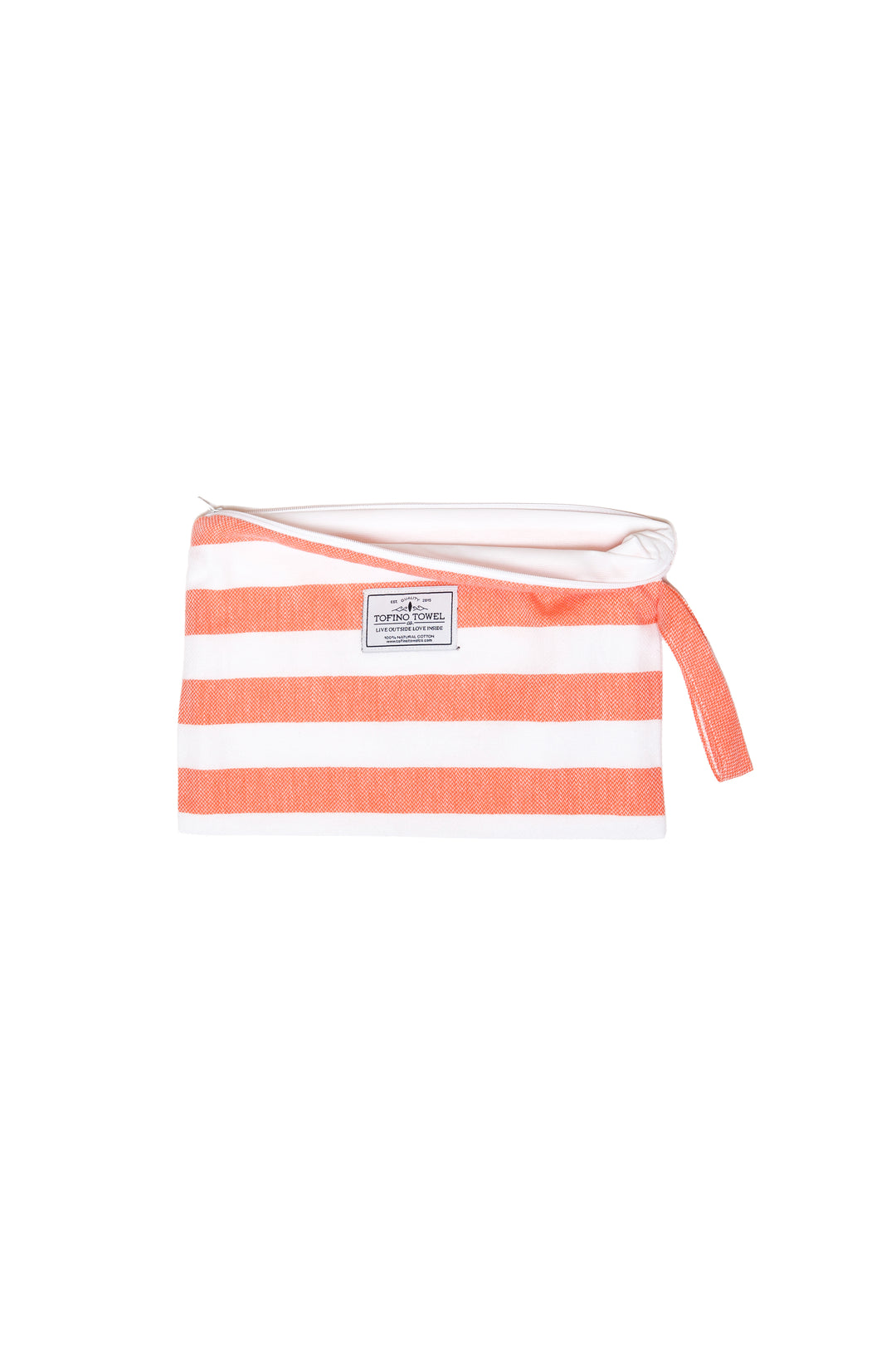 white and coral striped zip up pouch with wrist handle on a white background #colour_coral-stripes