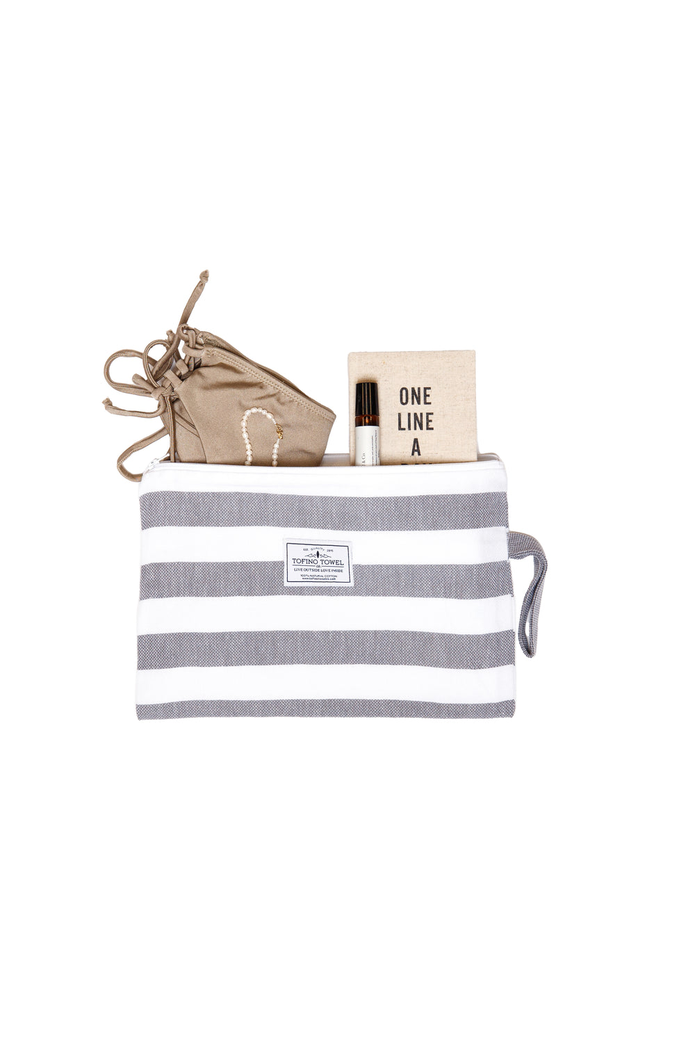 small white and grey striped zip up pouch with wrist handle containing accessories on a white background #colour_grey-stripes