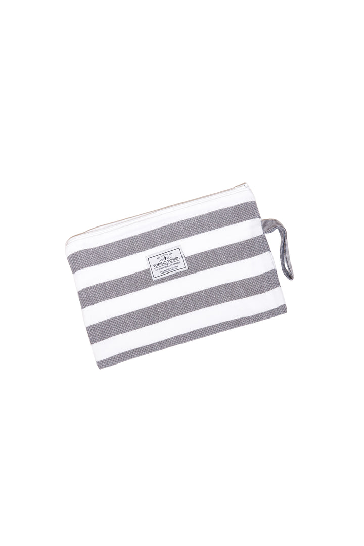 small white and grey striped zip up pouch with wrist handle on a white background #colour_grey-stripes