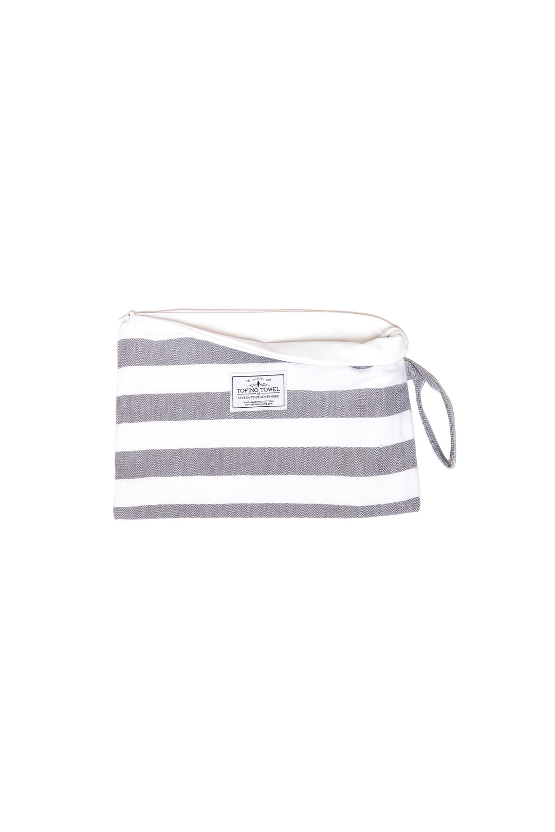 small white and grey striped zip up pouch with wrist handle on a white background #colour_grey-stripes