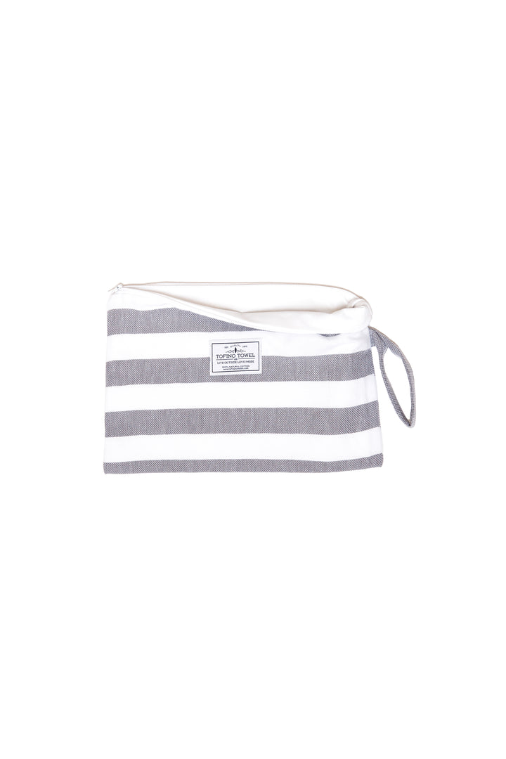 small white and grey striped zip up pouch with wrist handle on a white background #colour_grey-stripes