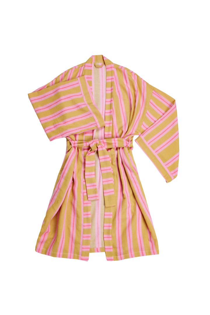 light orange robe with light and dark pink stripes laid flat with belt tied in front of a plain light grey background #colour_sunset-mix