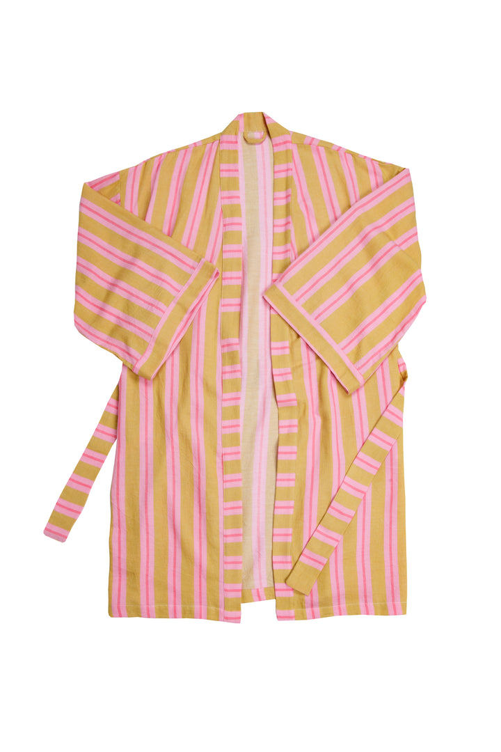light orange robe with light and dark pink stripes laid flat in front of a plain light grey background #colour_sunset-mix