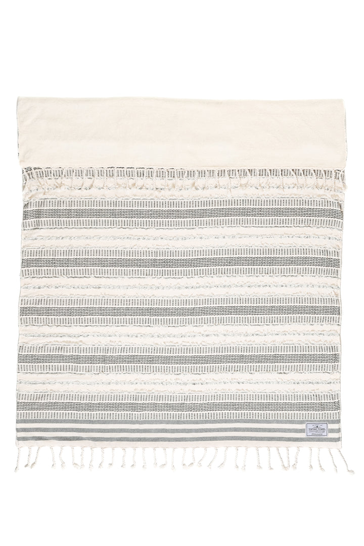 cream and black fleece lined throw with textured stripes and tassels laid flat with one side folded back on a white background #colour_black-stripe