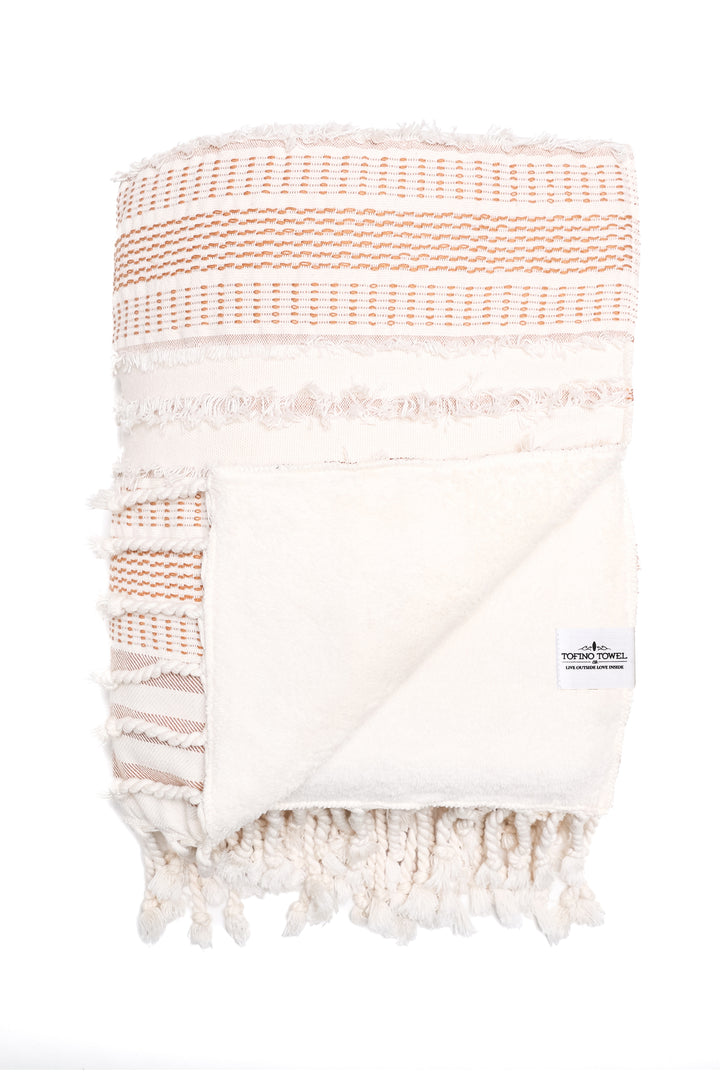 cream and light brown fleece lined throw with textured stripes and tassels folded with one corner turned back on a white background #colour_camel-stripe