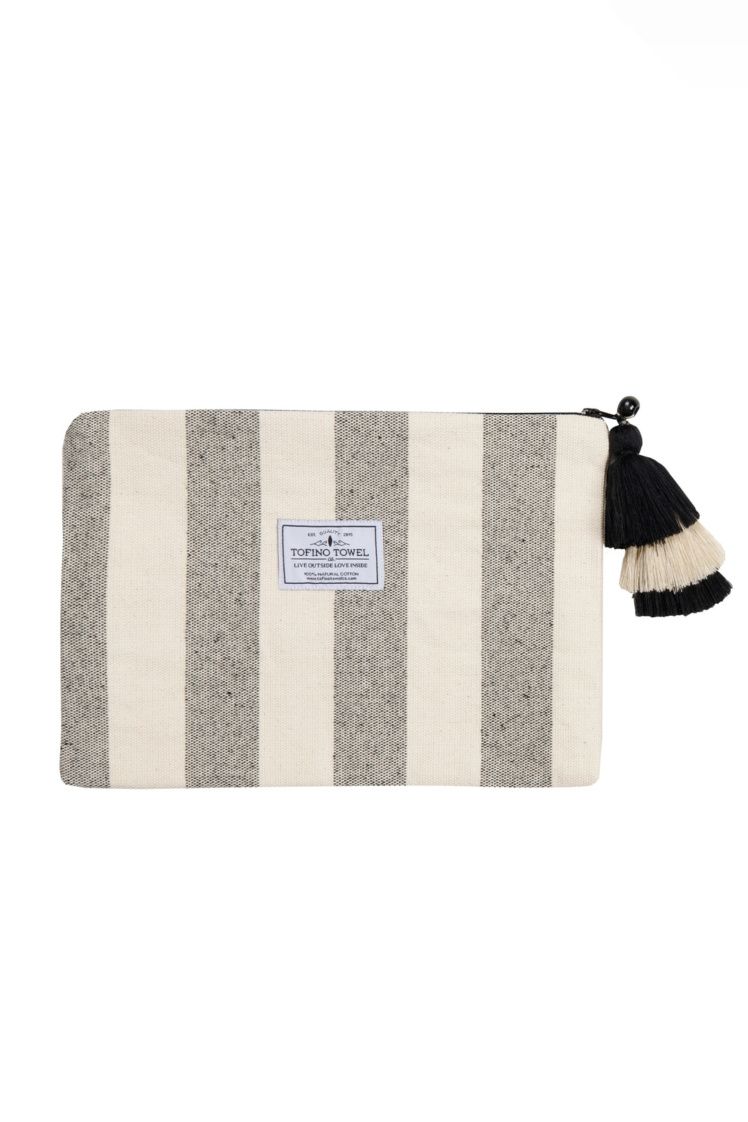 Speckled grey and off white striped canvas toiletry bag / pouch / clutch with a tasseled zipper against a white background