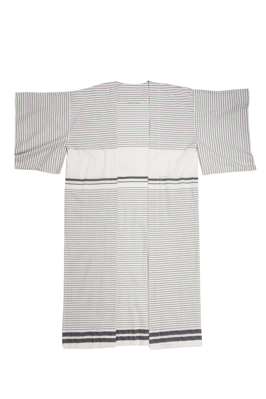 lightweight off white striped open cover-up/robe with grey stripes and side slits  on a plain background