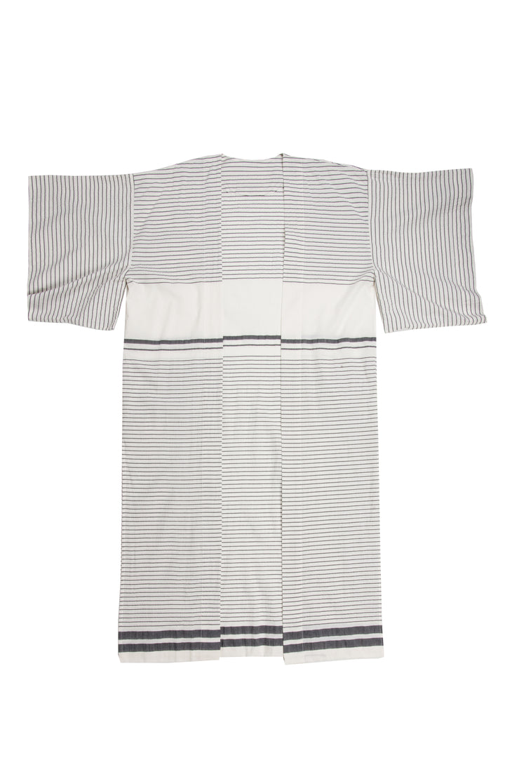 lightweight off white striped open cover-up/robe with grey stripes and side slits  on a plain background