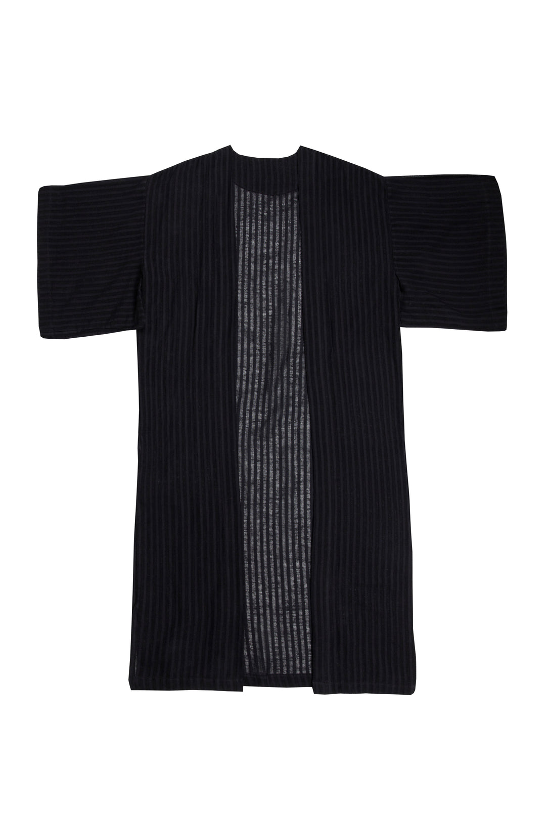 flat lay view of Long black semi-sheer linen blend cover-up with wide kimono sleeves and side slits, full-length lightweight beach kimono 